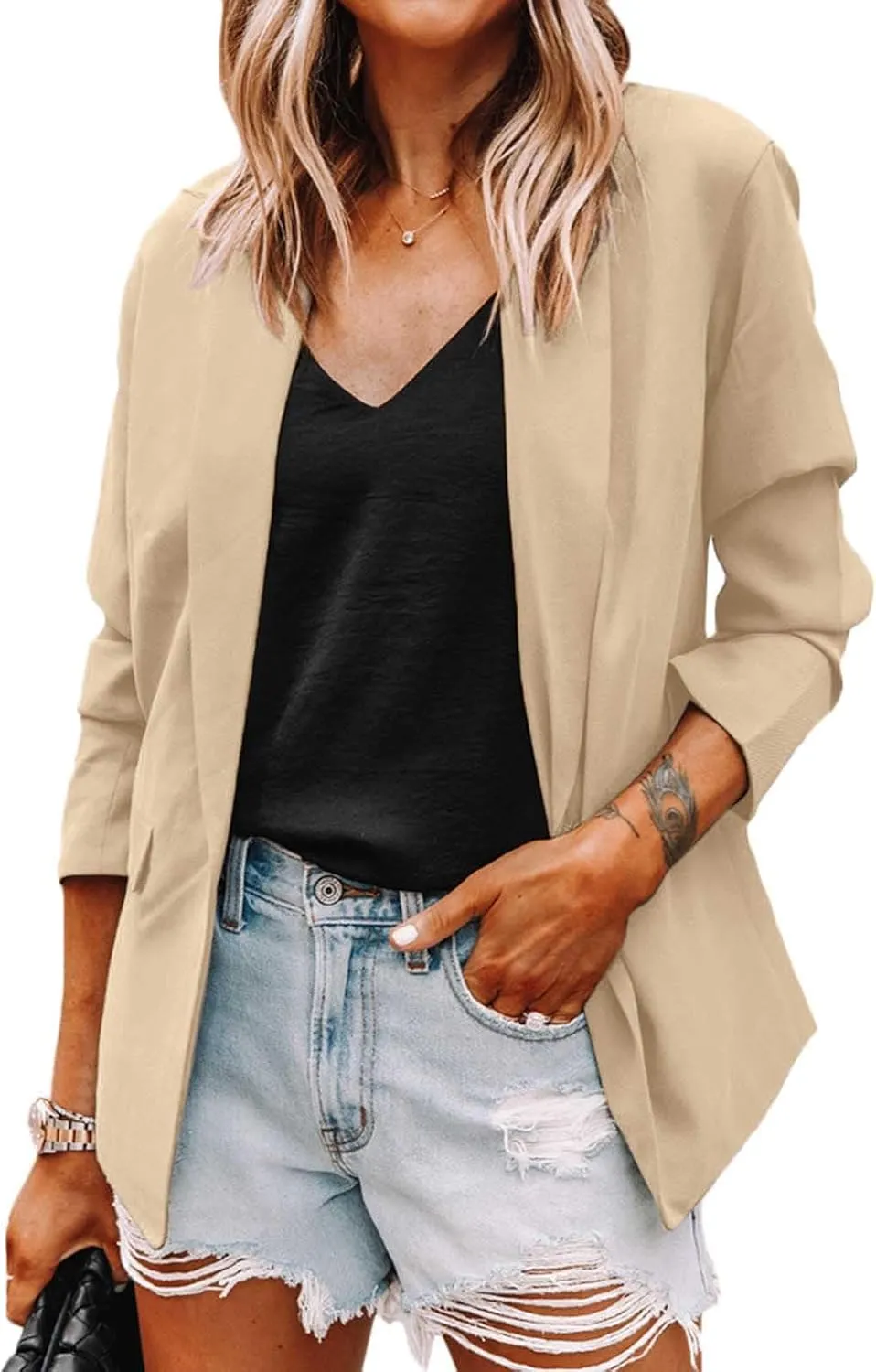 Women's Blazers & Suit Jackets Tweed Womens Tops Open Front Work Plaid Blazers Loose Fit With Pockets Blazers