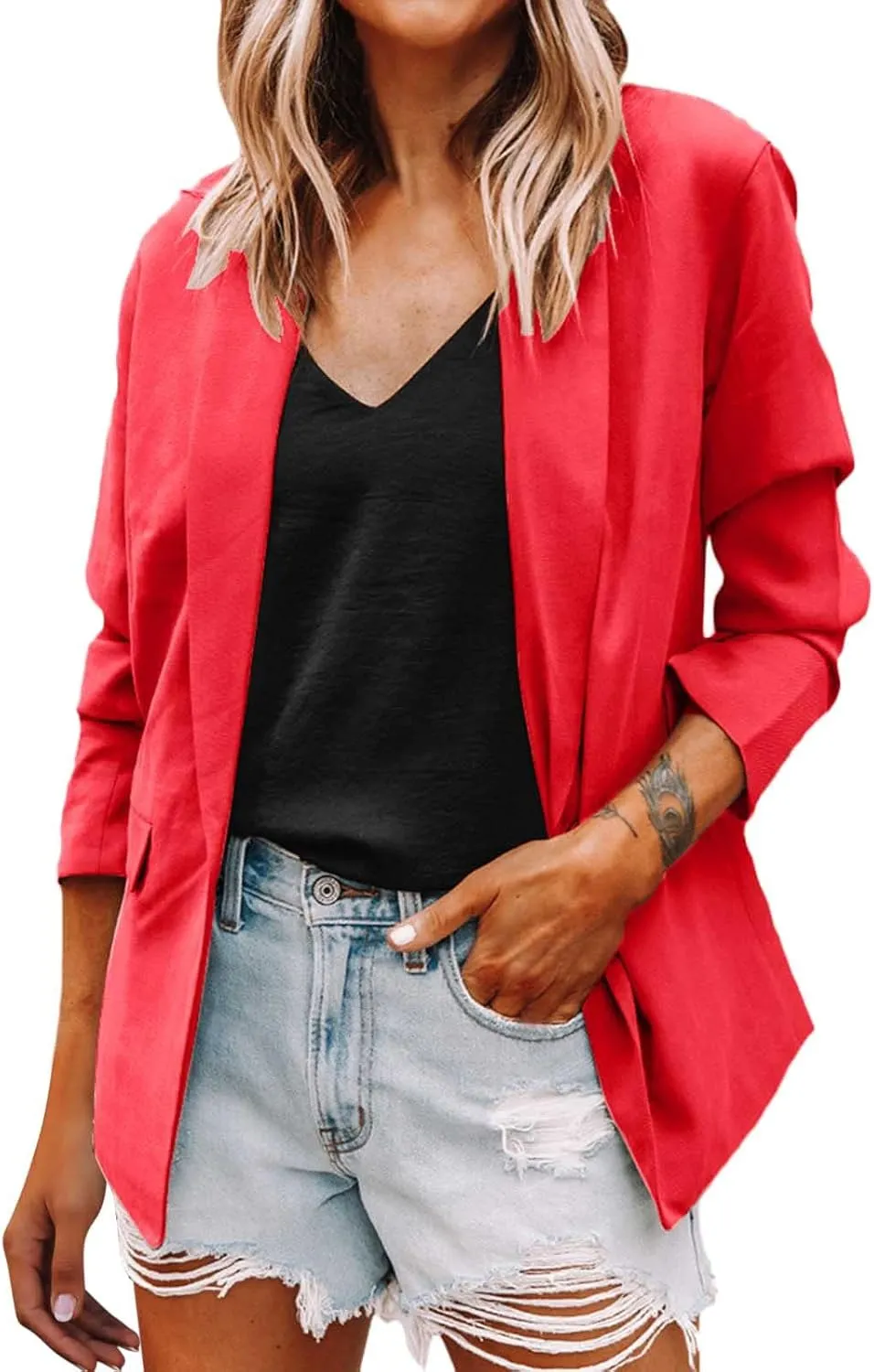 Women's Blazers & Suit Jackets Tweed Womens Tops Open Front Work Plaid Blazers Loose Fit With Pockets Blazers