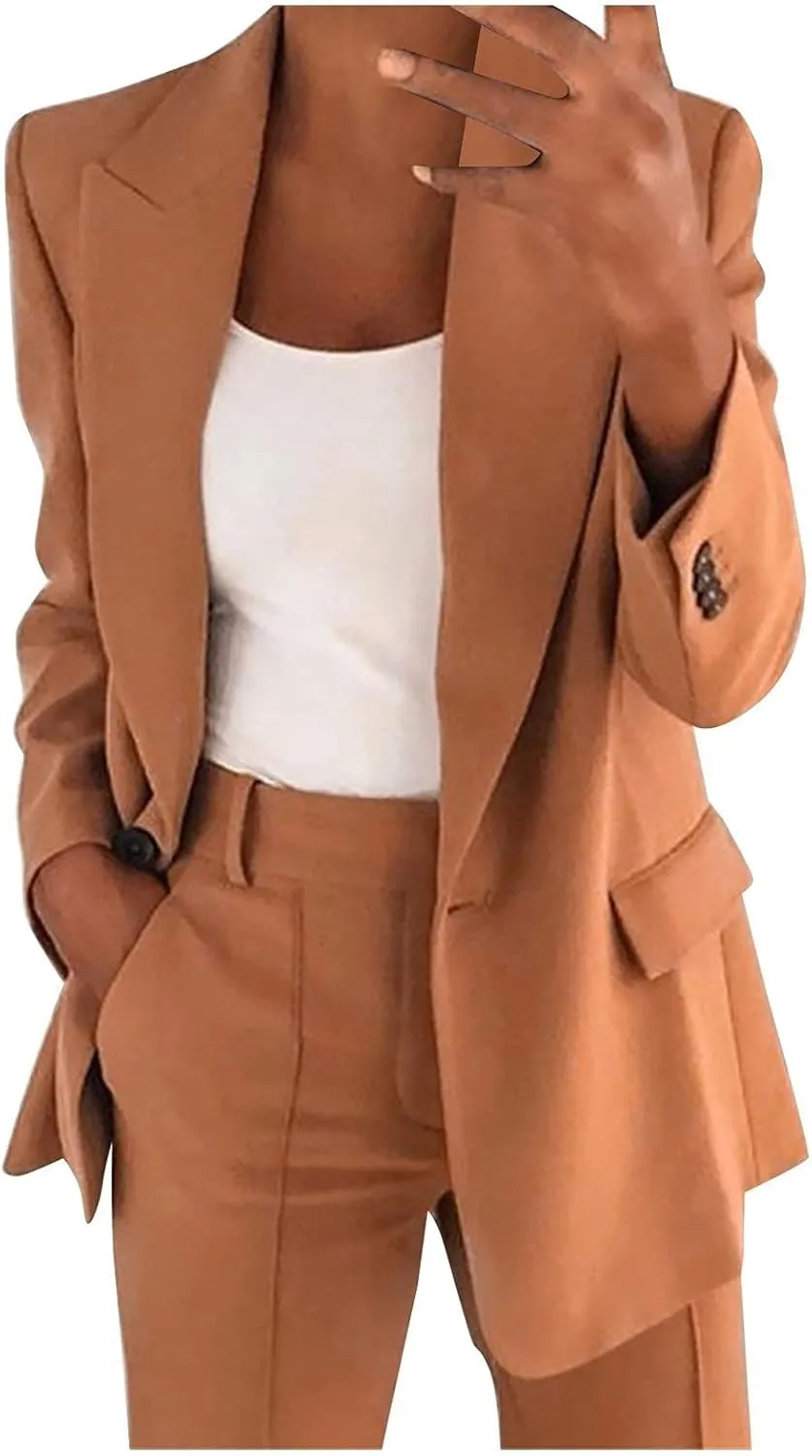 Womens Blazers for Work Casual Long Sleeve Suit Jackets Open Front Button Jackets Trendy Outerwear with Pockets