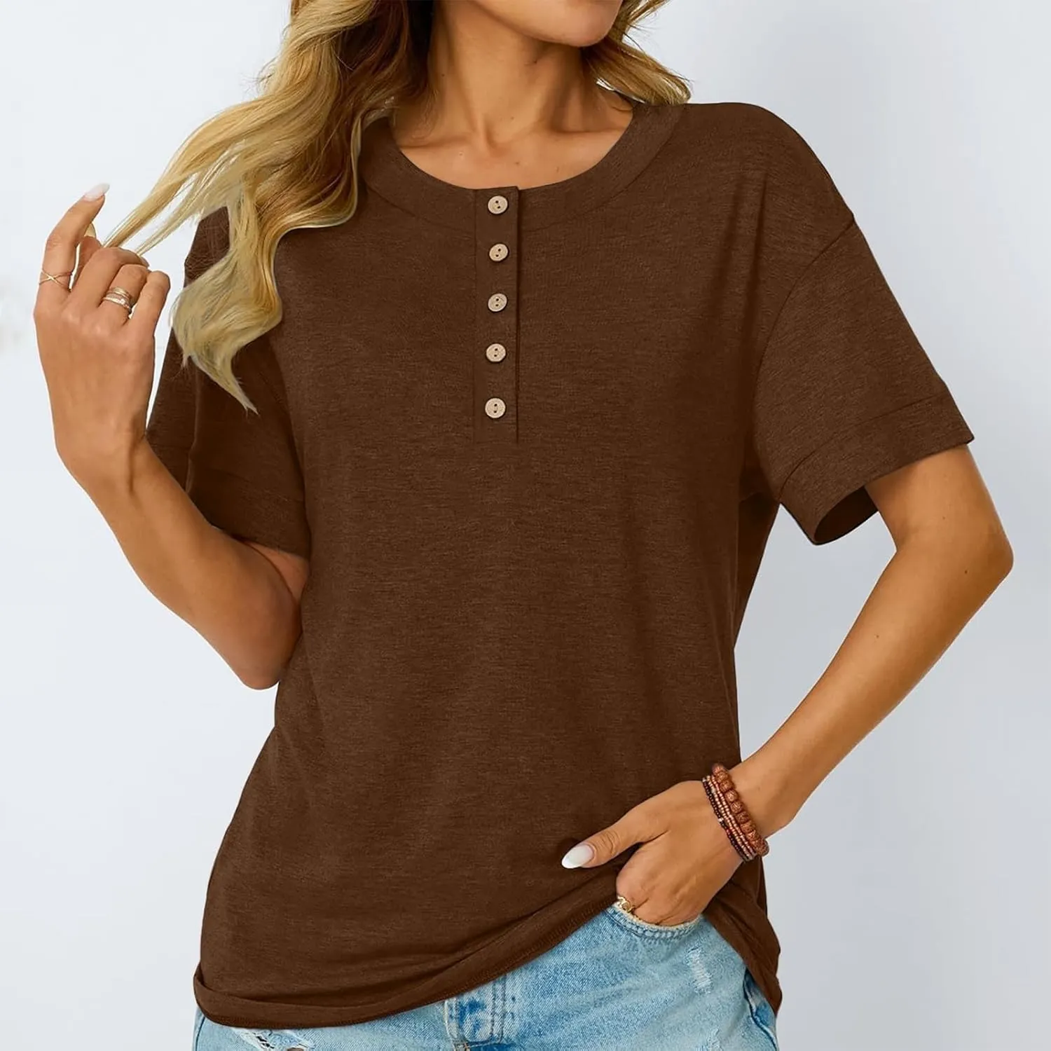 Womens Button V Neck T Shirts 2025 Trendy Summer Outdoor Vacation Blouse Tops Casual Loose Fit Trip Beach T-Shirts