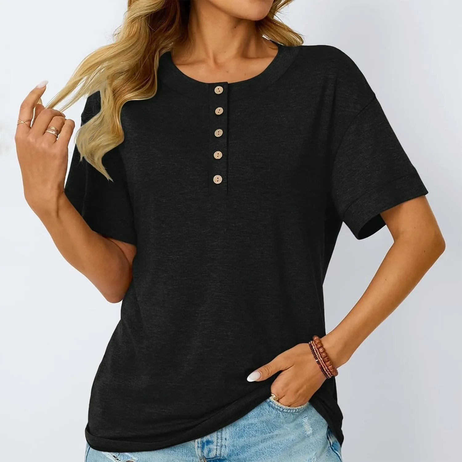 Womens Button V Neck T Shirts 2025 Trendy Summer Outdoor Vacation Blouse Tops Casual Loose Fit Trip Beach T-Shirts