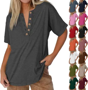 Womens Button V Neck T Shirts 2025 Trendy Summer Outdoor Vacation Blouse Tops Casual Loose Fit Trip Beach T-Shirts