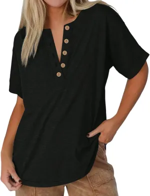 Womens Button V Neck T Shirts 2025 Trendy Summer Outdoor Vacation Blouse Tops Casual Loose Fit Trip Beach T-Shirts