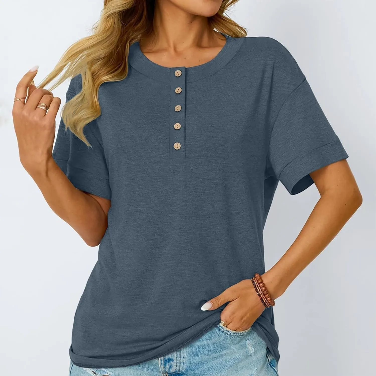 Womens Button V Neck T Shirts 2025 Trendy Summer Outdoor Vacation Blouse Tops Casual Loose Fit Trip Beach T-Shirts