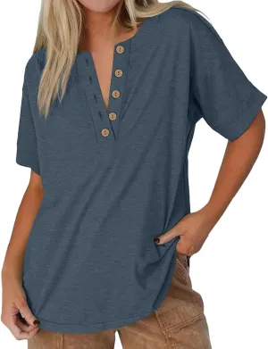 Womens Button V Neck T Shirts 2025 Trendy Summer Outdoor Vacation Blouse Tops Casual Loose Fit Trip Beach T-Shirts