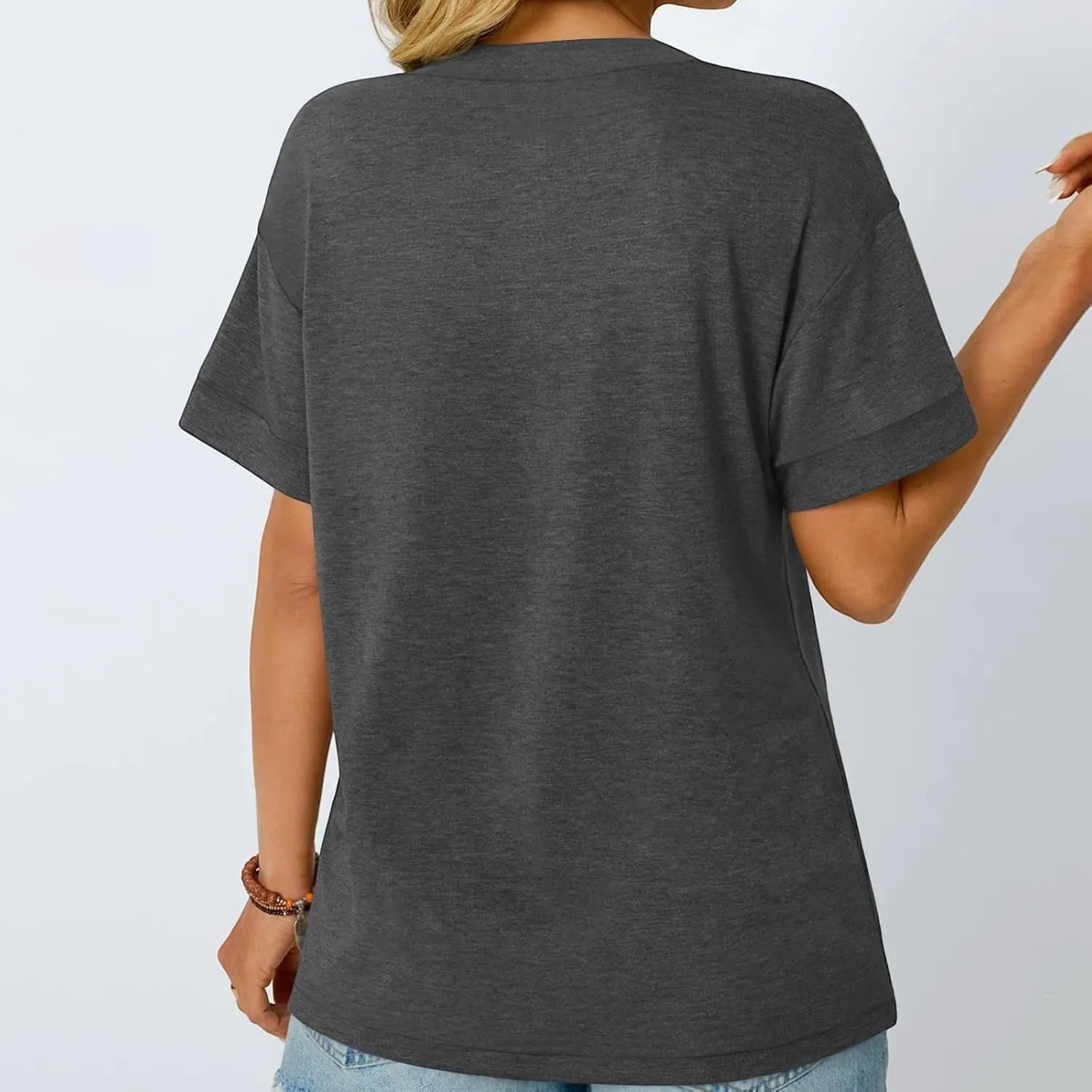 Womens Button V Neck T Shirts 2025 Trendy Summer Outdoor Vacation Blouse Tops Casual Loose Fit Trip Beach T-Shirts
