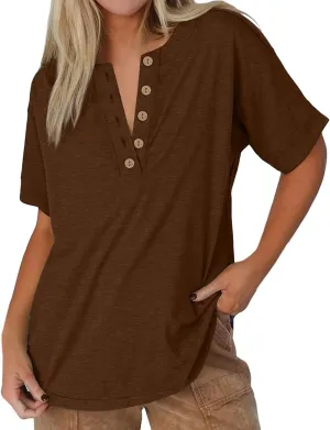 Womens Button V Neck T Shirts 2025 Trendy Summer Outdoor Vacation Blouse Tops Casual Loose Fit Trip Beach T-Shirts
