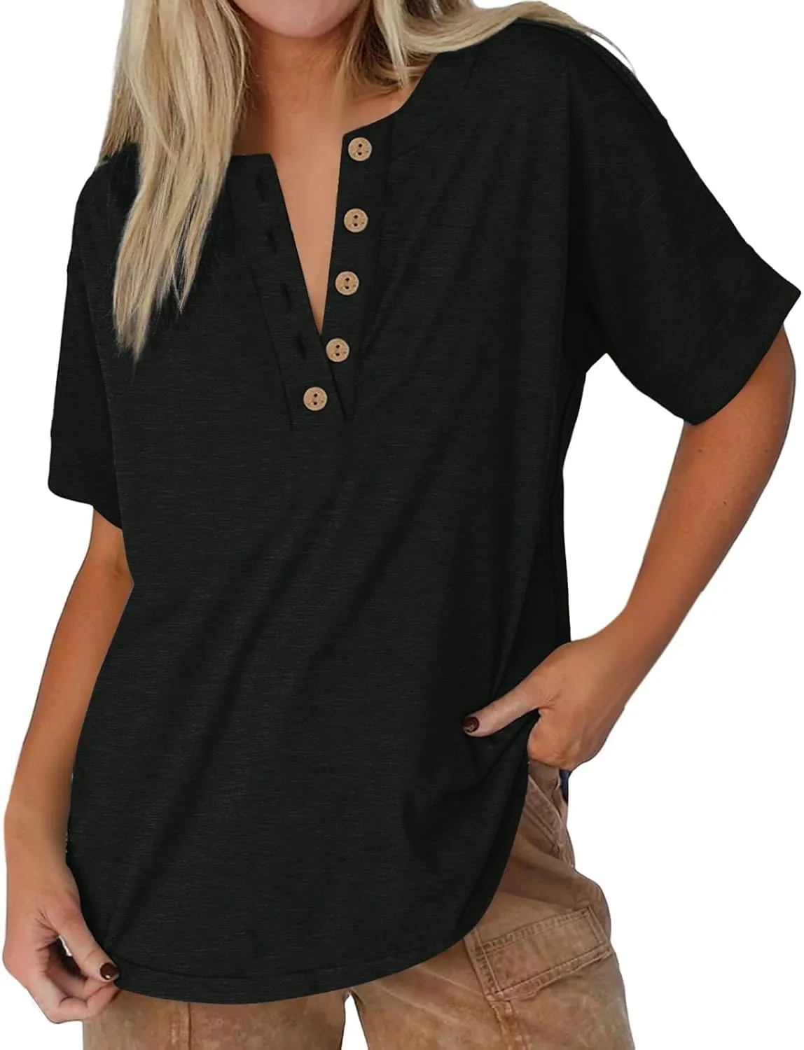 Womens Button V Neck T Shirts 2025 Trendy Summer Outdoor Vacation Blouse Tops Casual Loose Fit Trip Beach T-Shirts