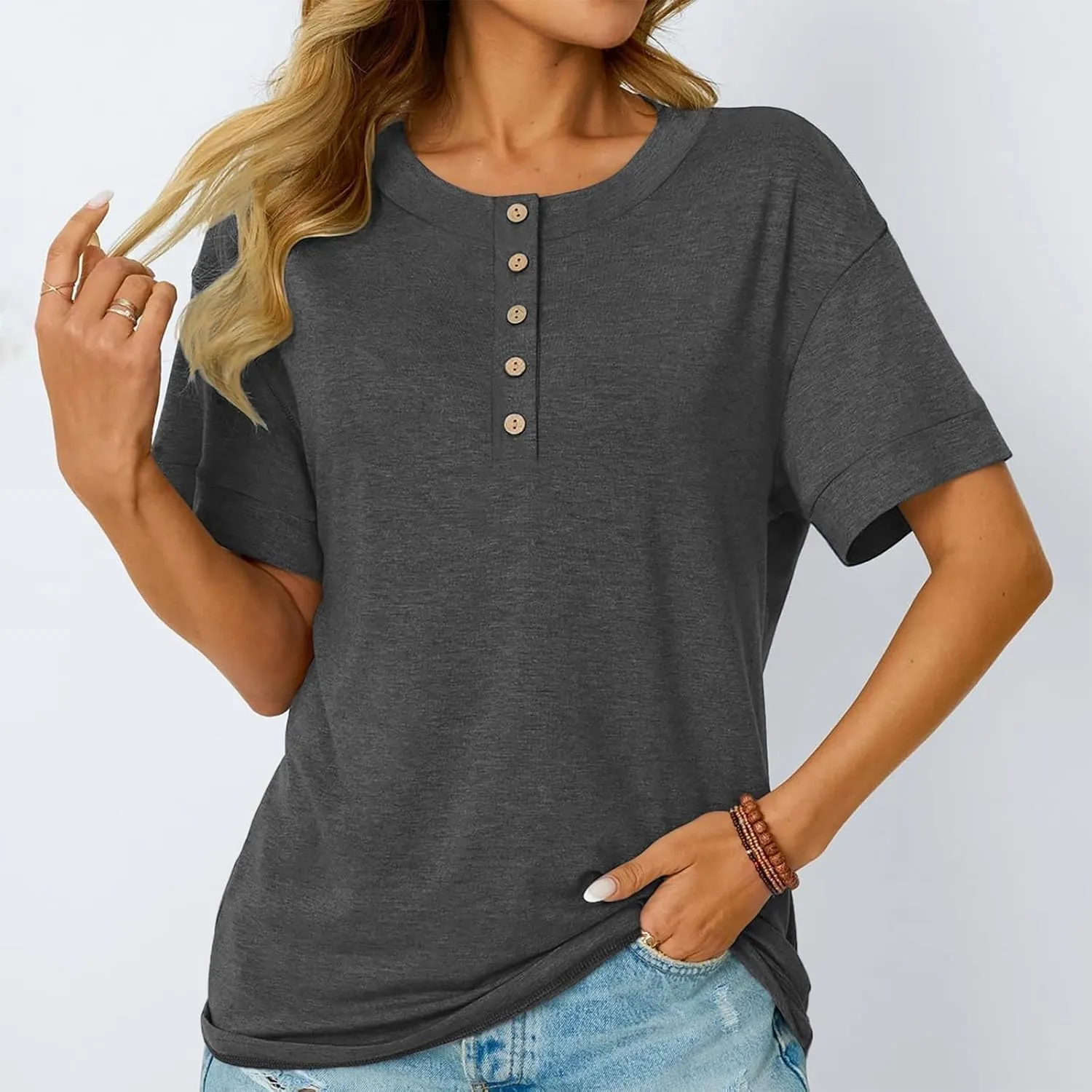 Womens Button V Neck T Shirts 2025 Trendy Summer Outdoor Vacation Blouse Tops Casual Loose Fit Trip Beach T-Shirts