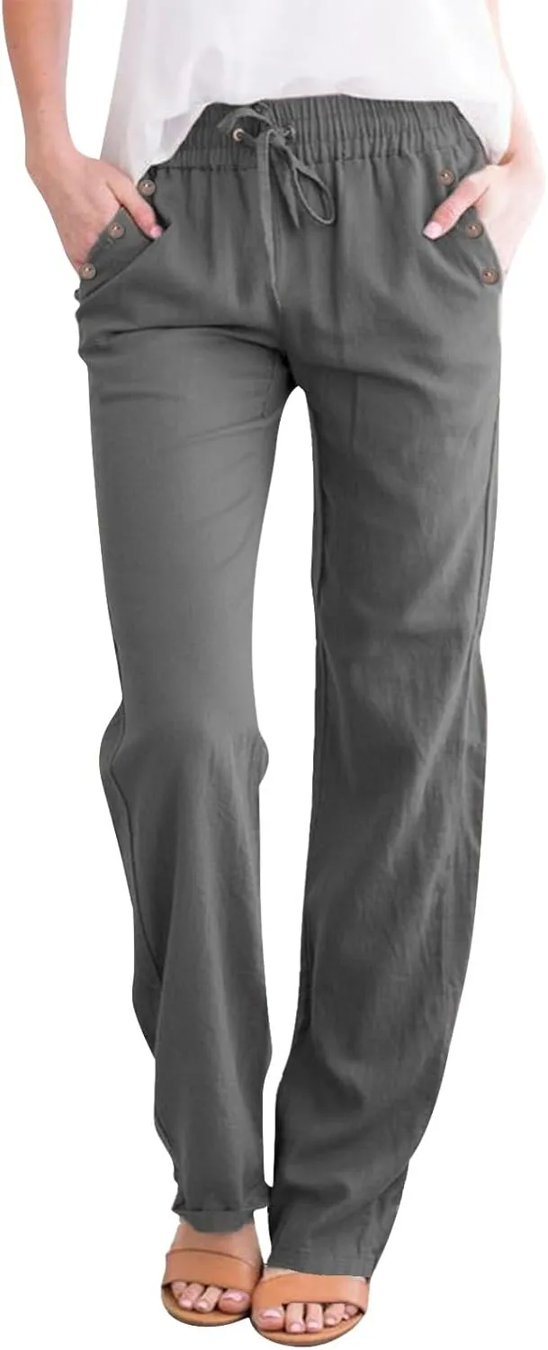 Womens Casual Cotton Linen Pants Lightweight Elastic Waist Pant Summer Lounge Plain Drawstring Trousers with Pocket