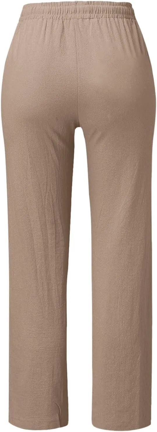 Womens Casual Cotton Linen Pants Lightweight Elastic Waist Pant Summer Lounge Plain Drawstring Trousers with Pocket