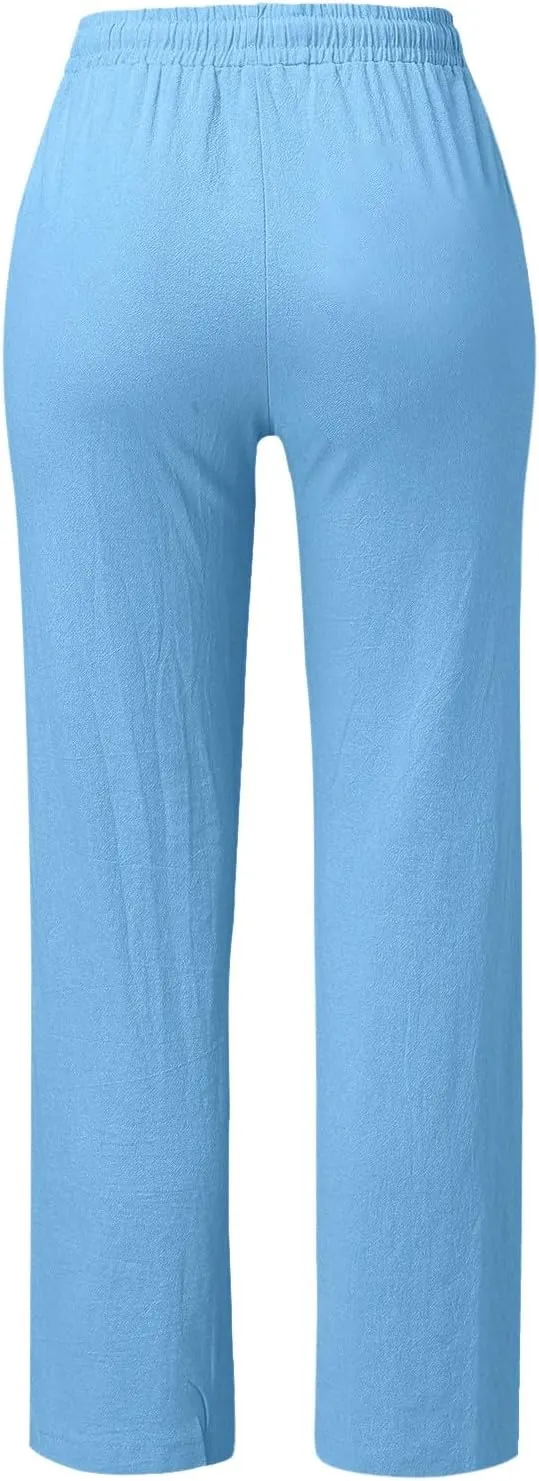 Womens Casual Cotton Linen Pants Lightweight Elastic Waist Pant Summer Lounge Plain Drawstring Trousers with Pocket
