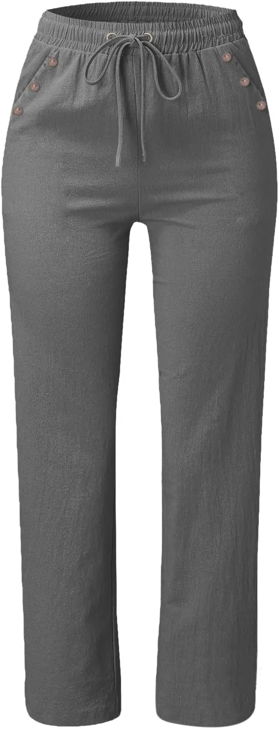 Womens Casual Cotton Linen Pants Lightweight Elastic Waist Pant Summer Lounge Plain Drawstring Trousers with Pocket