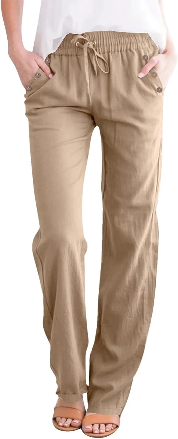 Womens Casual Cotton Linen Pants Lightweight Elastic Waist Pant Summer Lounge Plain Drawstring Trousers with Pocket