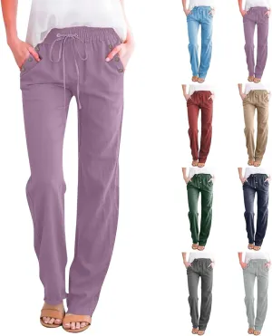 Womens Casual Cotton Linen Pants Lightweight Elastic Waist Pant Summer Lounge Plain Drawstring Trousers with Pocket