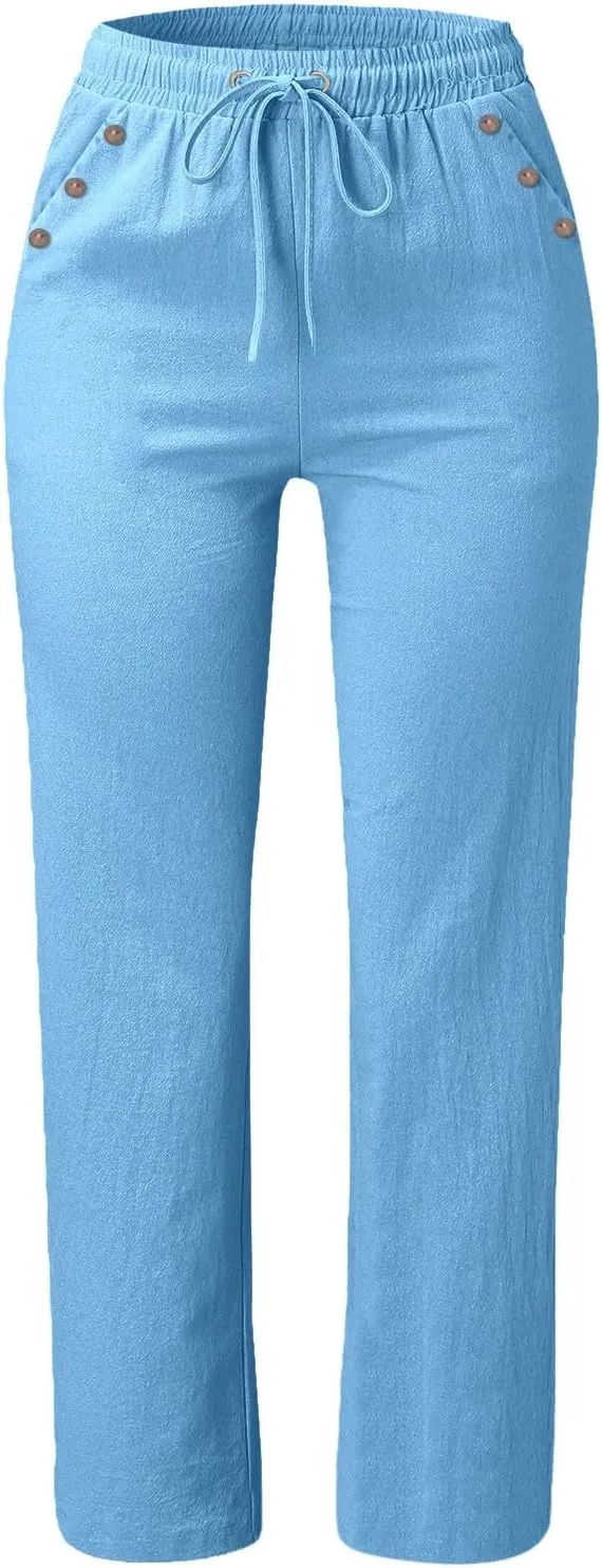 Womens Casual Cotton Linen Pants Lightweight Elastic Waist Pant Summer Lounge Plain Drawstring Trousers with Pocket