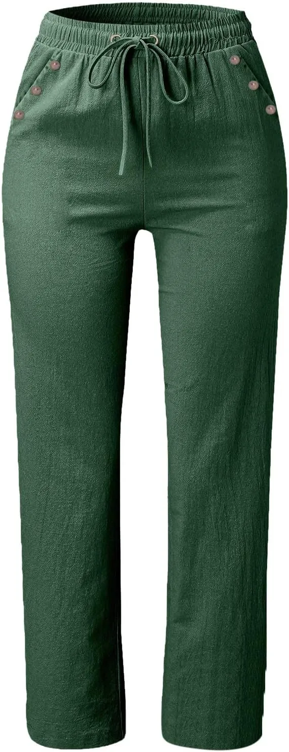 Womens Casual Cotton Linen Pants Lightweight Elastic Waist Pant Summer Lounge Plain Drawstring Trousers with Pocket