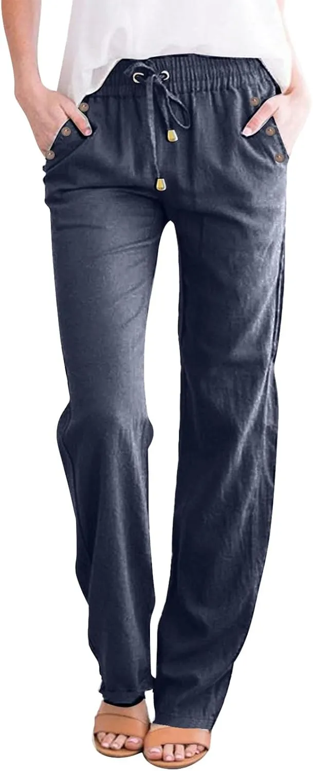 Womens Casual Cotton Linen Pants Lightweight Elastic Waist Pant Summer Lounge Plain Drawstring Trousers with Pocket