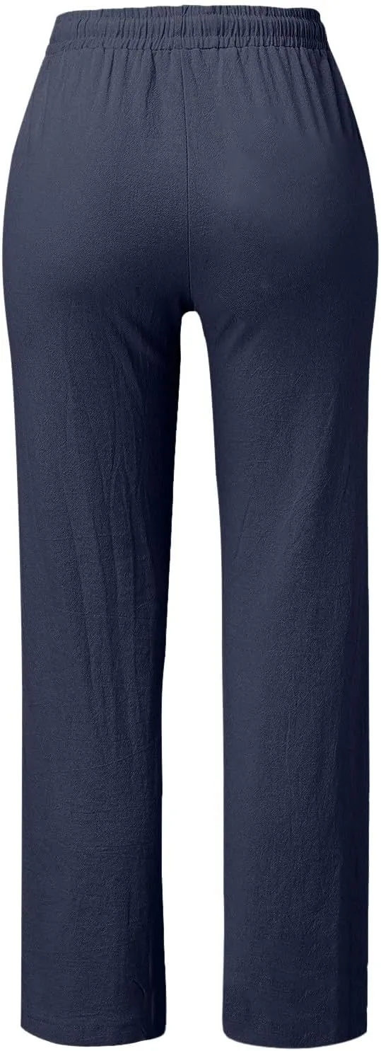 Womens Casual Cotton Linen Pants Lightweight Elastic Waist Pant Summer Lounge Plain Drawstring Trousers with Pocket