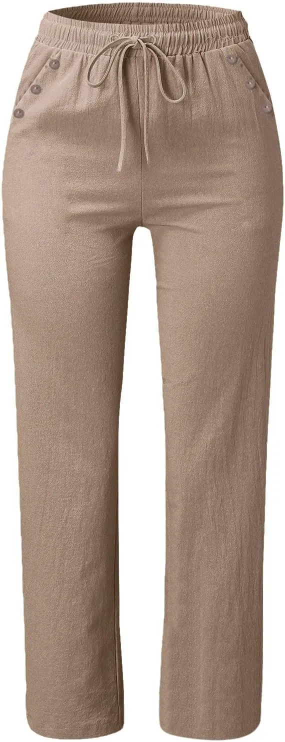 Womens Casual Cotton Linen Pants Lightweight Elastic Waist Pant Summer Lounge Plain Drawstring Trousers with Pocket