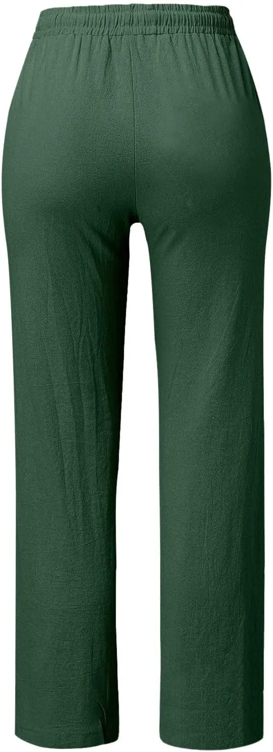 Womens Casual Cotton Linen Pants Lightweight Elastic Waist Pant Summer Lounge Plain Drawstring Trousers with Pocket