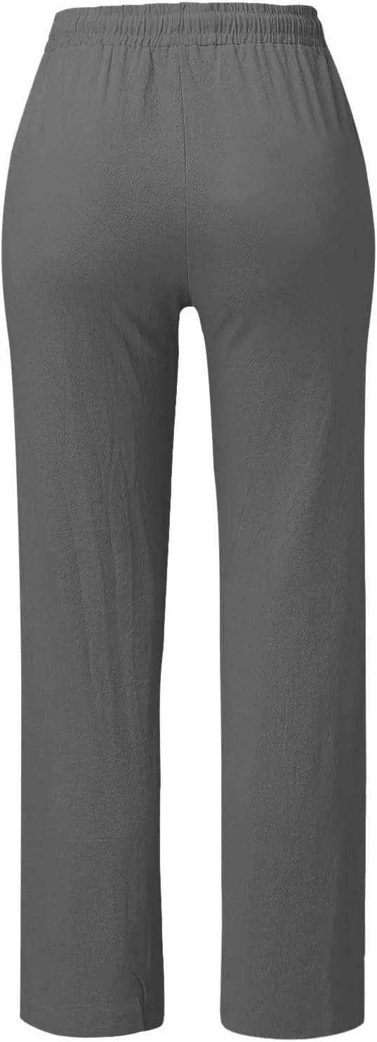 Womens Casual Cotton Linen Pants Lightweight Elastic Waist Pant Summer Lounge Plain Drawstring Trousers with Pocket