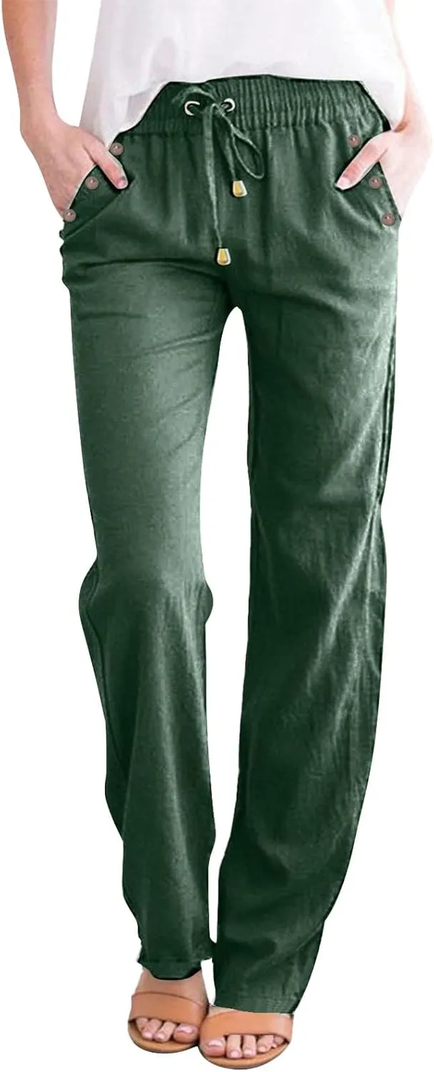 Womens Casual Cotton Linen Pants Lightweight Elastic Waist Pant Summer Lounge Plain Drawstring Trousers with Pocket
