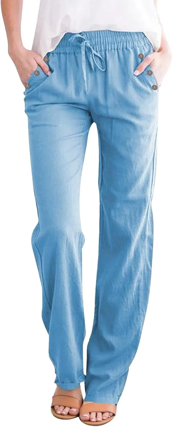 Womens Casual Cotton Linen Pants Lightweight Elastic Waist Pant Summer Lounge Plain Drawstring Trousers with Pocket