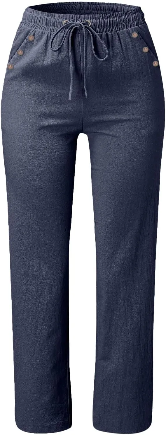 Womens Casual Cotton Linen Pants Lightweight Elastic Waist Pant Summer Lounge Plain Drawstring Trousers with Pocket