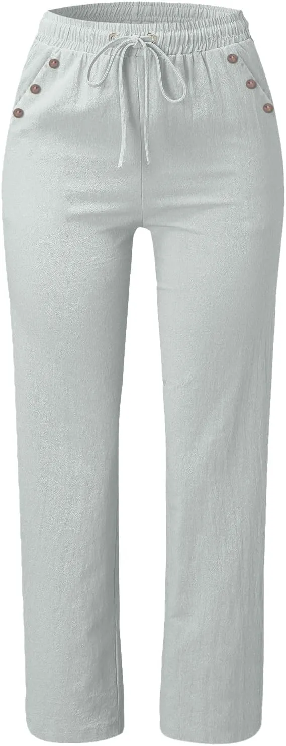 Womens Casual Cotton Linen Pants Lightweight Elastic Waist Pant Summer Lounge Plain Drawstring Trousers with Pocket