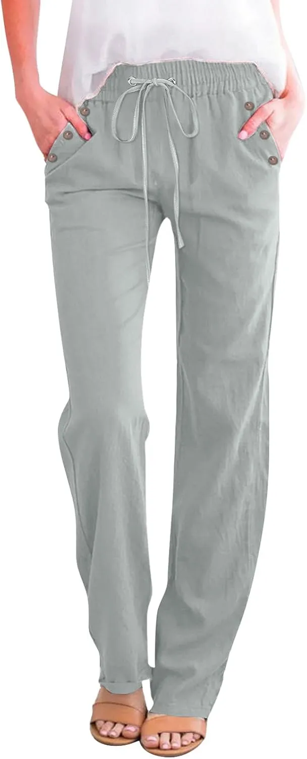 Womens Casual Cotton Linen Pants Lightweight Elastic Waist Pant Summer Lounge Plain Drawstring Trousers with Pocket