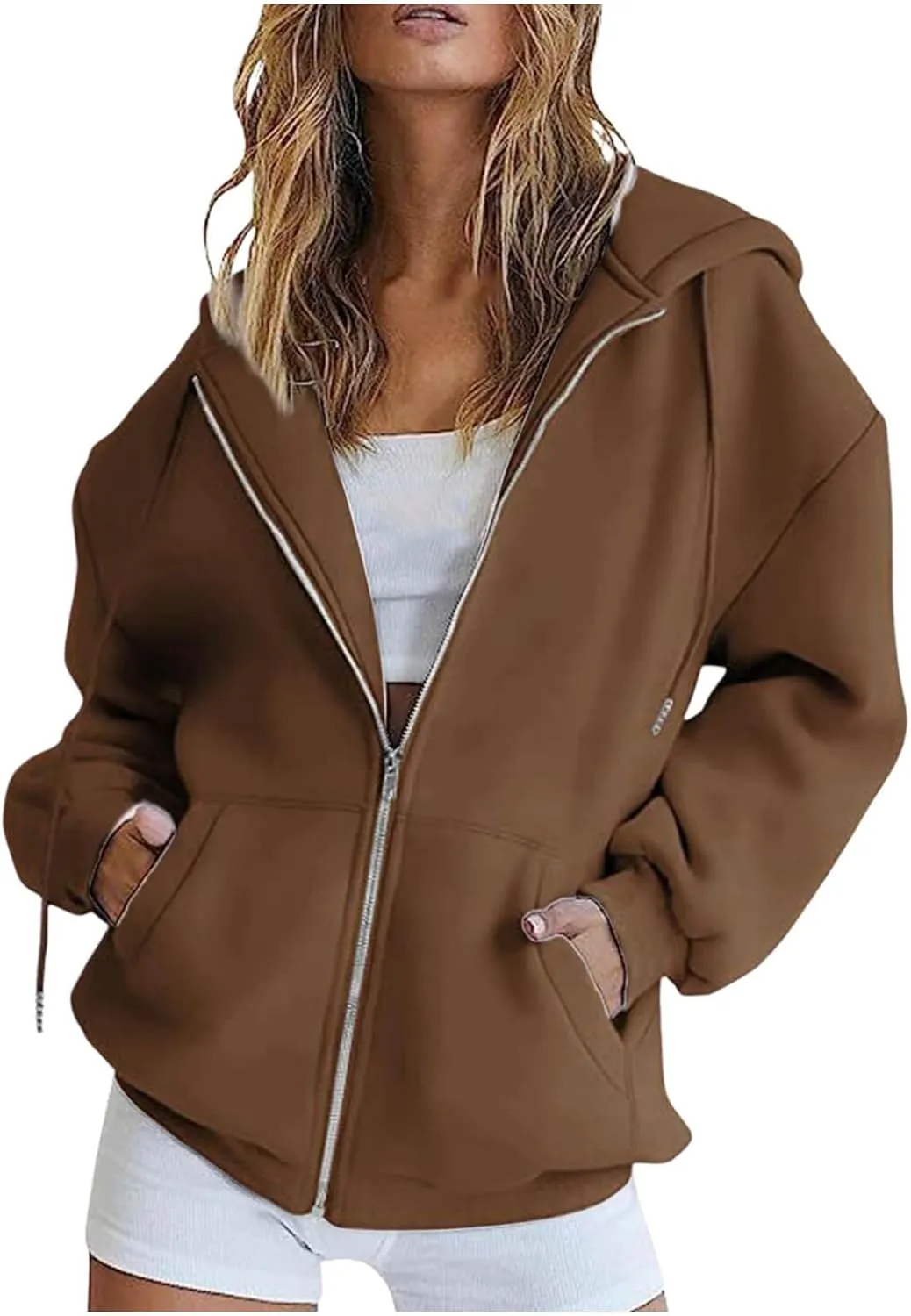 Womens Casual Solid Long Sleeve Zipper Hooded Coat Oversized Loose Outdoor Hiking Sports Sweatshirt Tops with Pocket