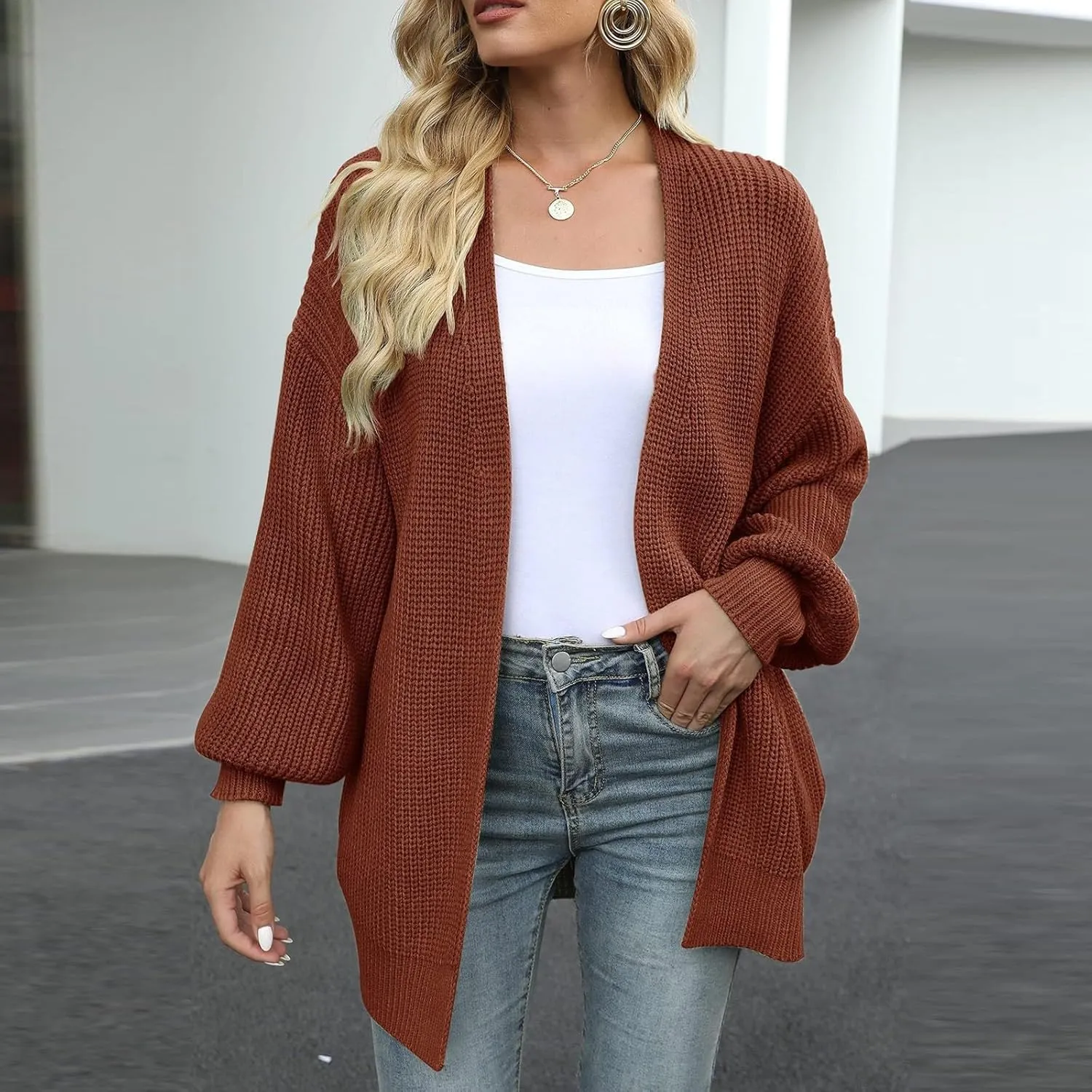 Women's Chunky Knit Open Front Sweater 2024 Fall Winter Long Sleeve Sweater Casual Lightweight Cardigan Outerwear