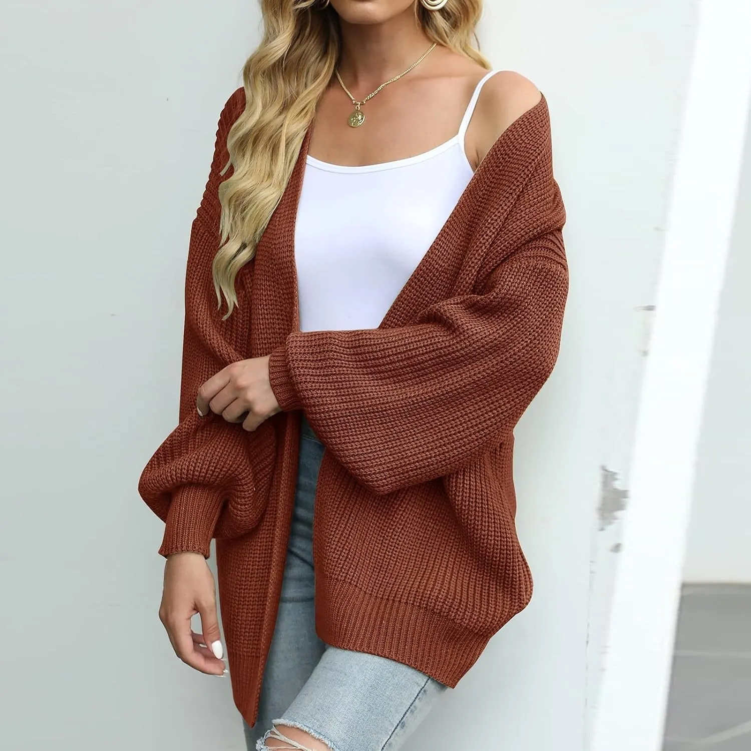 Women's Chunky Knit Open Front Sweater 2024 Fall Winter Long Sleeve Sweater Casual Lightweight Cardigan Outerwear