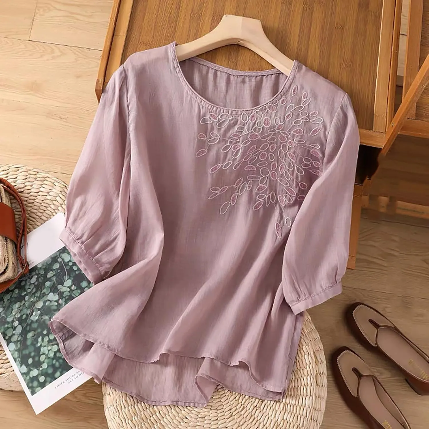 Womens Cotton Linen Tops 2025 Summer Half Sleeve Shirts Loose Crewneck Casual Boho Tops Vintage Embroidered Blouses
