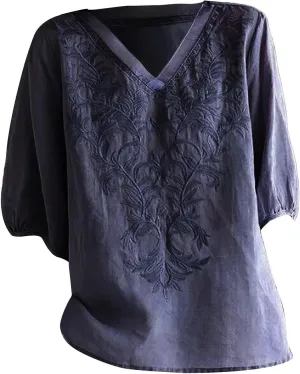 Womens Cotton Linen Tops 2025 Summer Half Sleeve Shirts Loose Crewneck Casual Boho Tops Vintage Embroidered Blouses