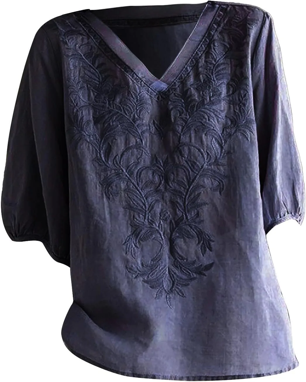 Womens Cotton Linen Tops 2025 Summer Half Sleeve Shirts Loose Crewneck Casual Boho Tops Vintage Embroidered Blouses