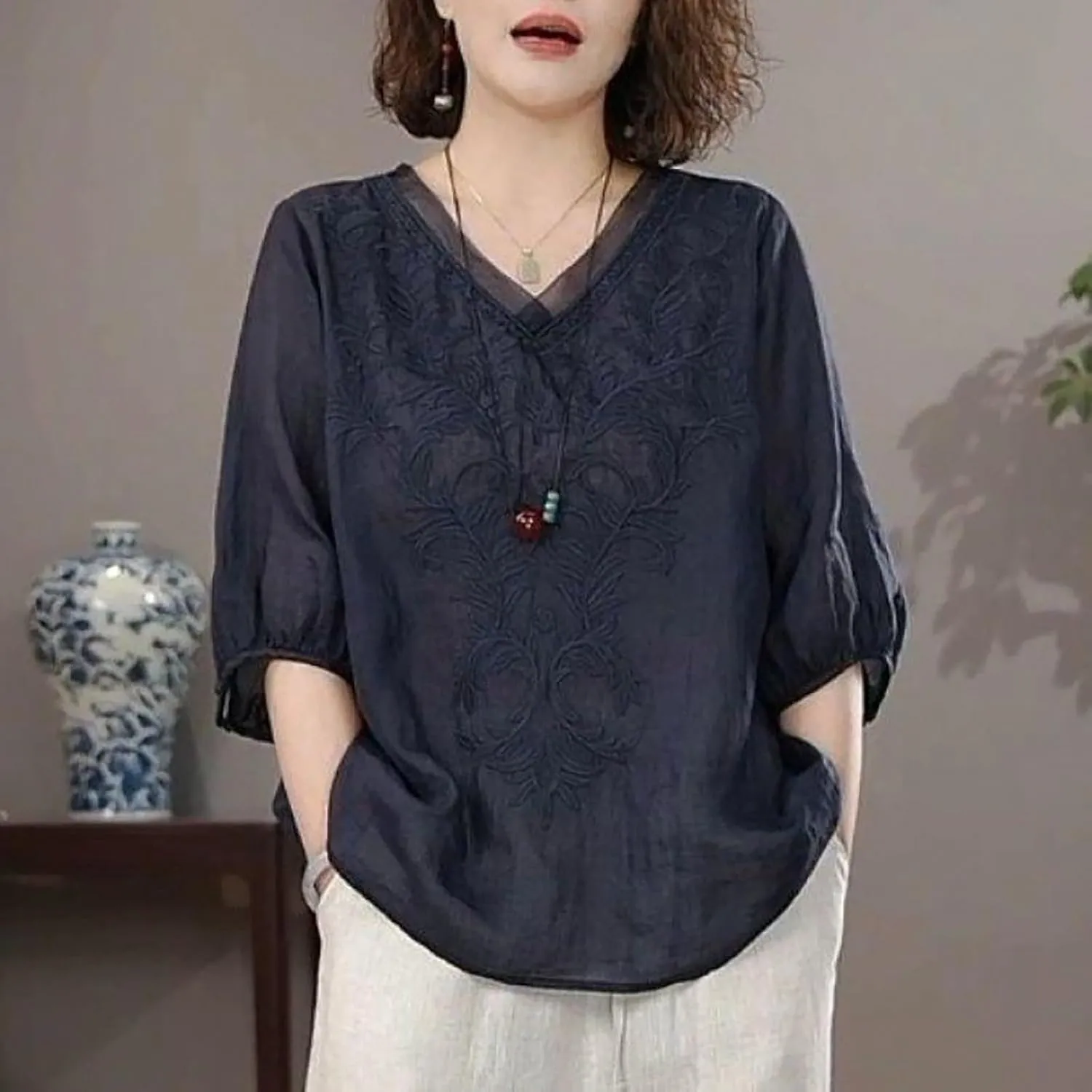 Womens Cotton Linen Tops 2025 Summer Half Sleeve Shirts Loose Crewneck Casual Boho Tops Vintage Embroidered Blouses