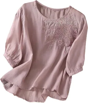 Womens Cotton Linen Tops 2025 Summer Half Sleeve Shirts Loose Crewneck Casual Boho Tops Vintage Embroidered Blouses