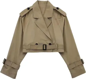 Womens Cropped Long Sleeve Belted Jacket Trench Coat Solid Color Jackets