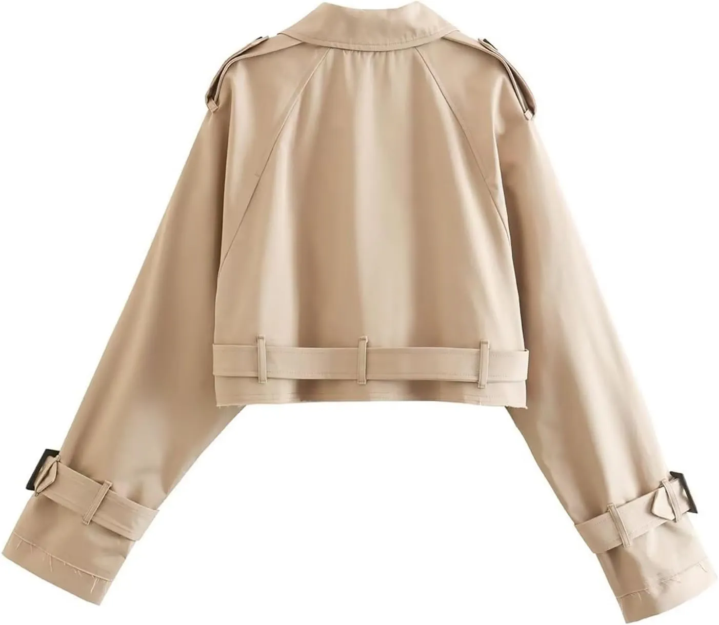 Womens Cropped Long Sleeve Belted Jacket Trench Coat Solid Color Jackets