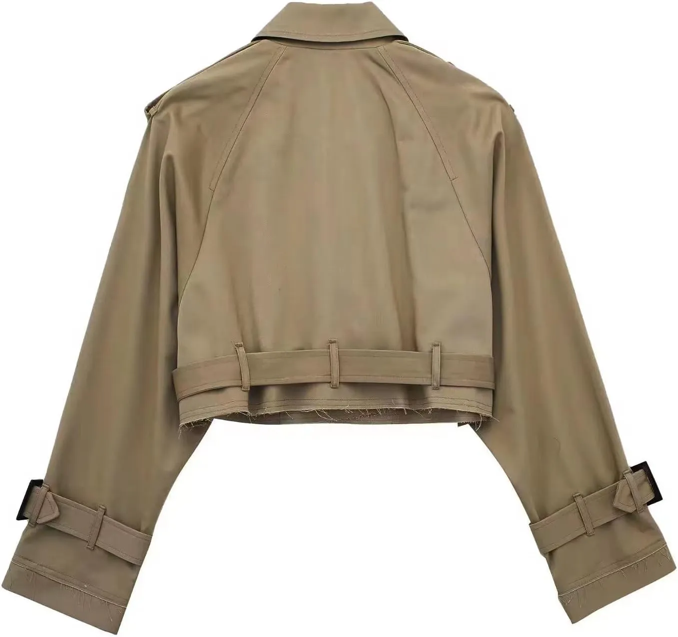 Womens Cropped Long Sleeve Belted Jacket Trench Coat Solid Color Jackets