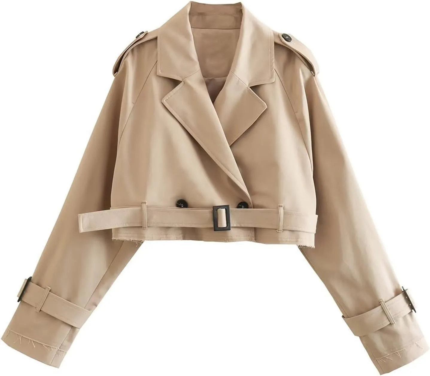 Womens Cropped Long Sleeve Belted Jacket Trench Coat Solid Color Jackets