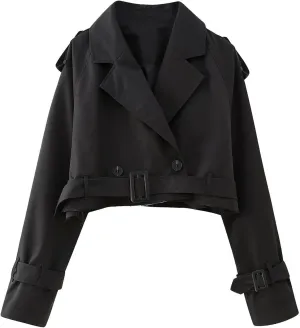 Womens Cropped Long Sleeve Belted Jacket Trench Coat Solid Color Jackets