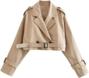 Womens Cropped Long Sleeve Belted Jacket Trench Coat Solid Color Jackets