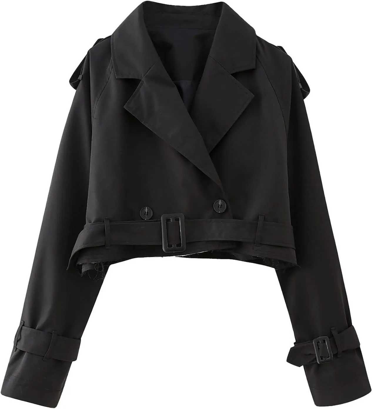 Womens Cropped Long Sleeve Belted Jacket Trench Coat Solid Color Jackets