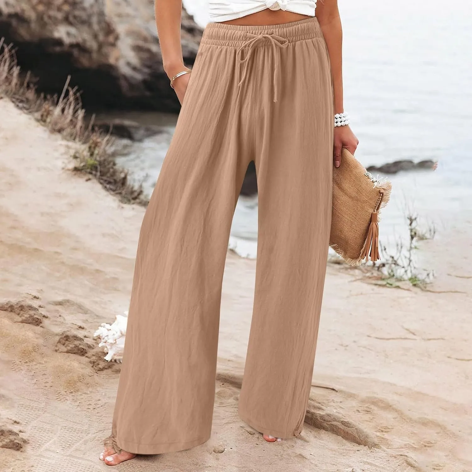 Womens Drawstring Elastic Waist Pants Casual Wide Leg Trousers with Pockets Comfy Straight Leg Pants Bottom Bow Tie