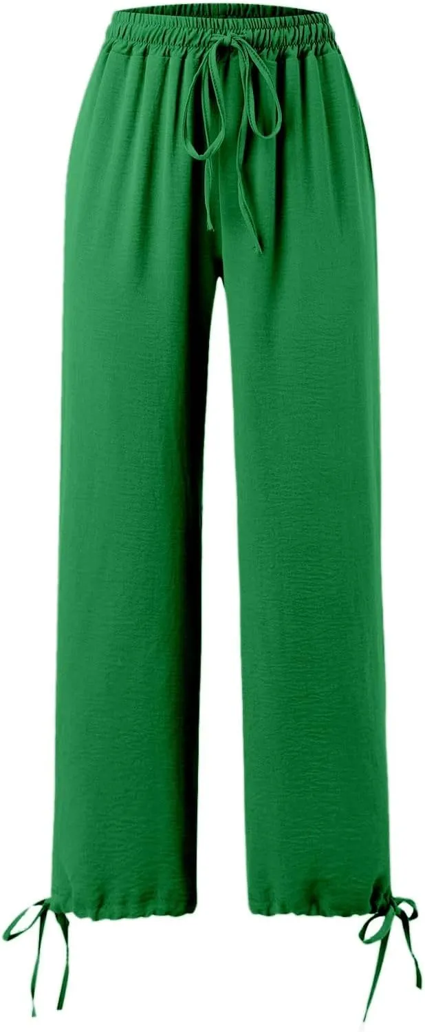 Womens Drawstring Elastic Waist Pants Casual Wide Leg Trousers with Pockets Comfy Straight Leg Pants Bottom Bow Tie