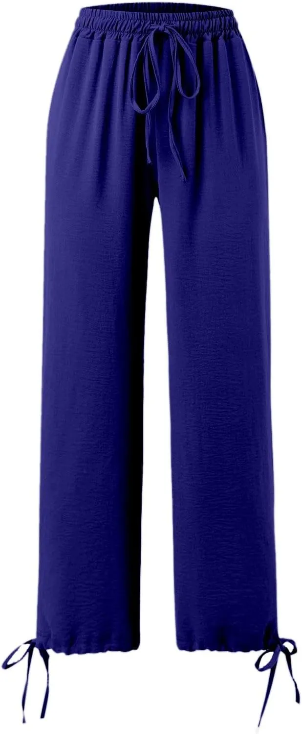 Womens Drawstring Elastic Waist Pants Casual Wide Leg Trousers with Pockets Comfy Straight Leg Pants Bottom Bow Tie