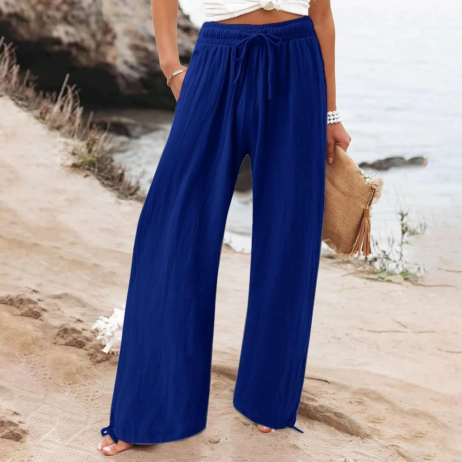 Womens Drawstring Elastic Waist Pants Casual Wide Leg Trousers with Pockets Comfy Straight Leg Pants Bottom Bow Tie